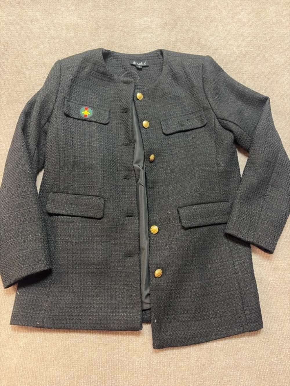 Marled Black Tweed Blazer Gold Button Bee Patch Jacket Size Small 0879